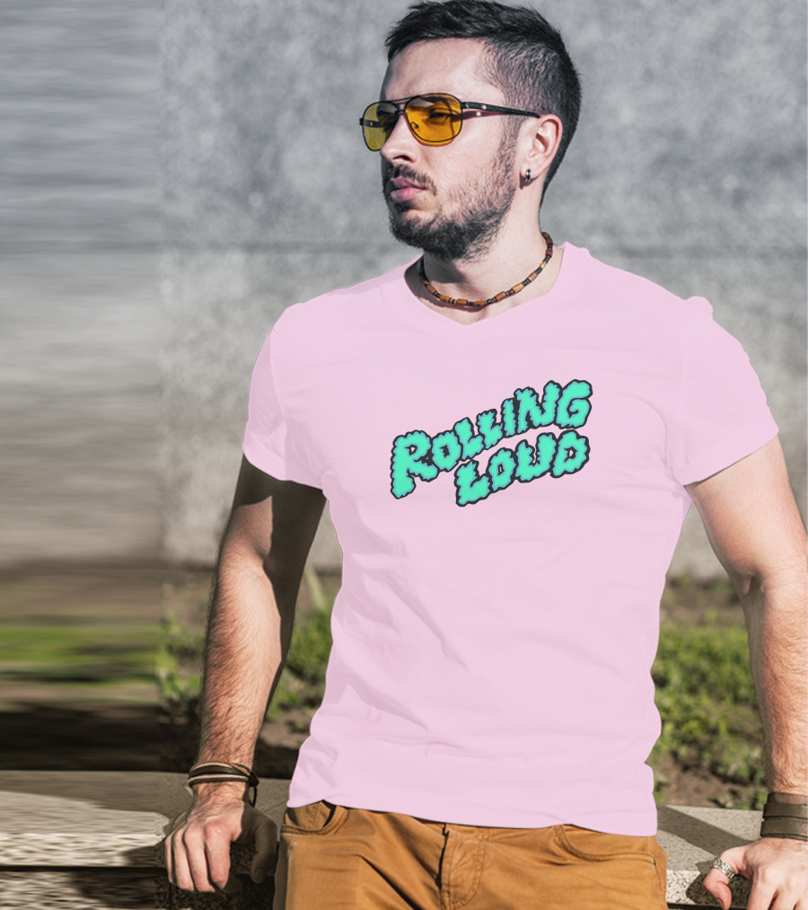 Rolling Loud Puffy Text Design On Pastel Pink Background T-Shirt