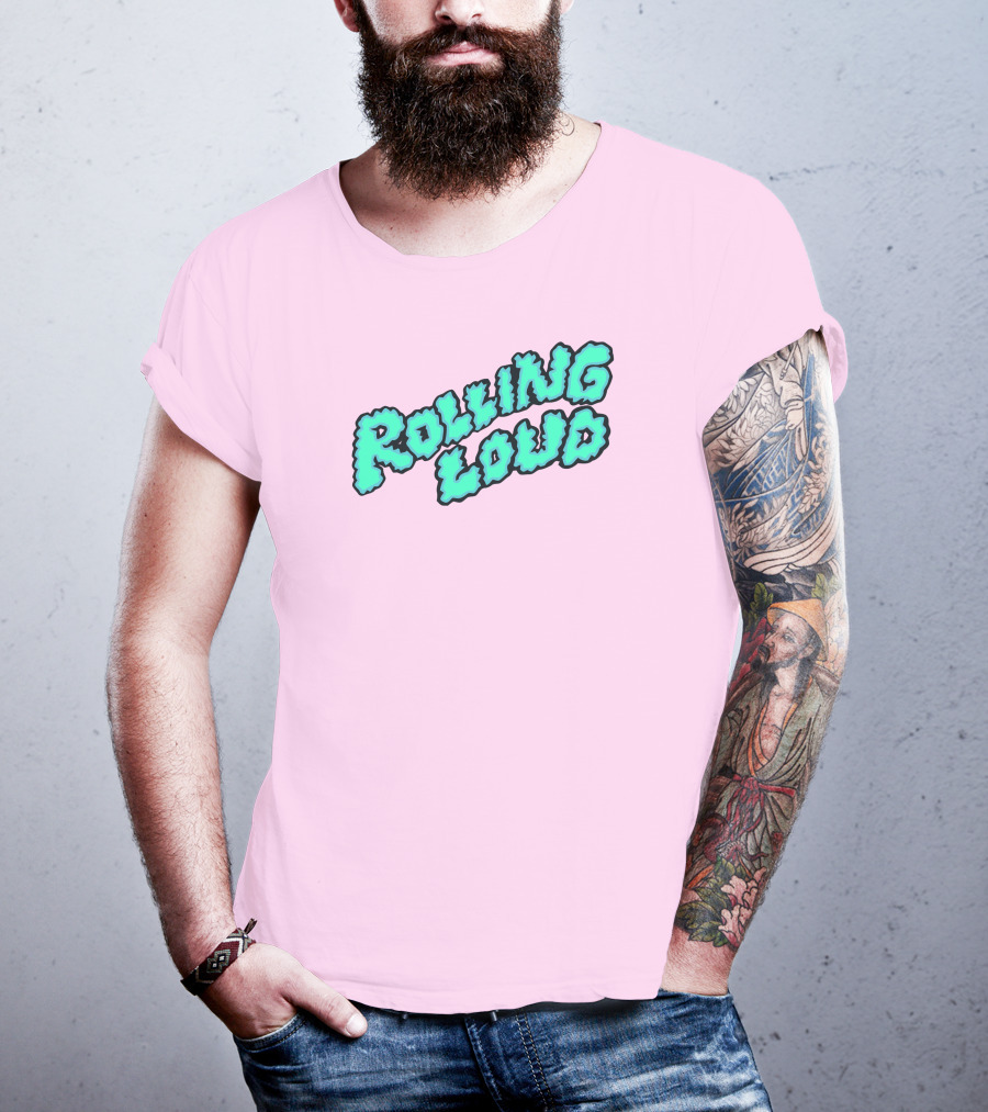 Rolling Loud Puffy Text Design On Pastel Pink Background T-Shirt