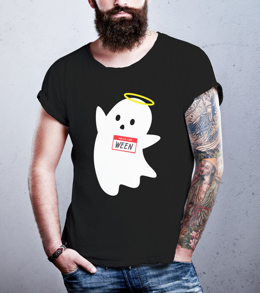 Wholesome Hallo I Am Ween Ghost With Halo And Nametag T-Shirt