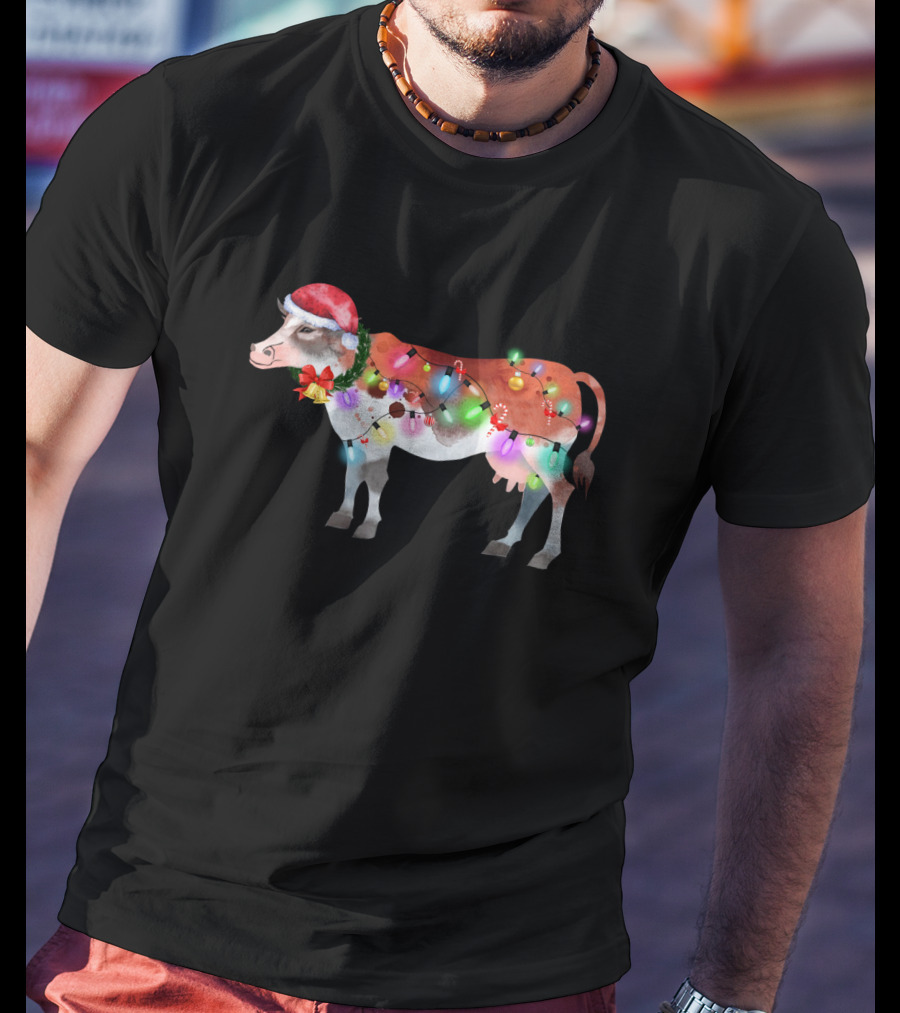 Christmas Lights Santa Hat Cow Festive Holiday T-Shirt