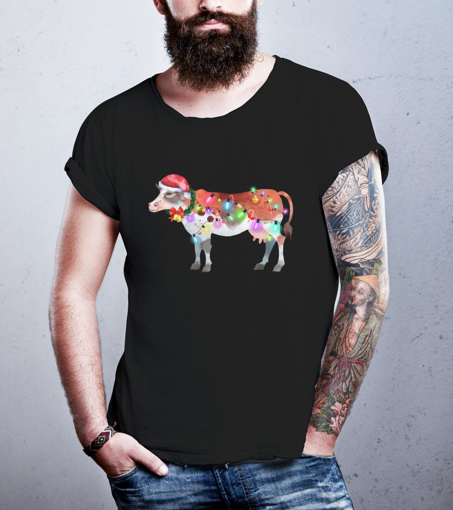 Christmas Lights Santa Hat Cow Festive Holiday T-Shirt