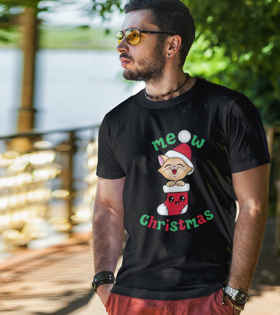 Meow Christmas Cute Kitten In Santa Hat And Stocking T-Shirt