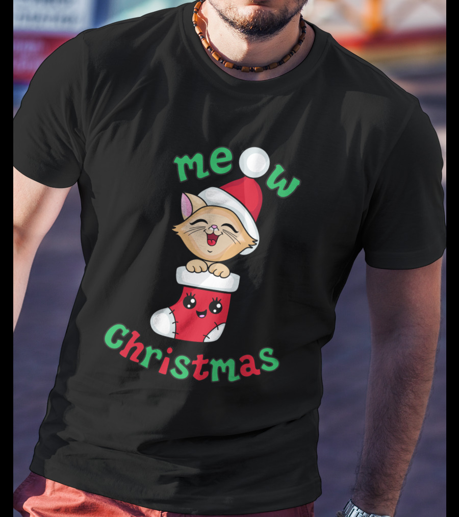 Meow Christmas Cute Kitten In Santa Hat And Stocking T-Shirt