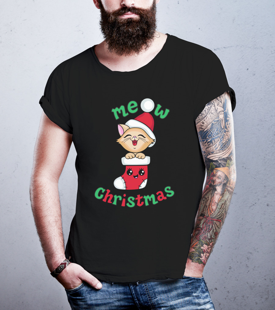 Meow Christmas Cute Kitten In Santa Hat And Stocking T-Shirt