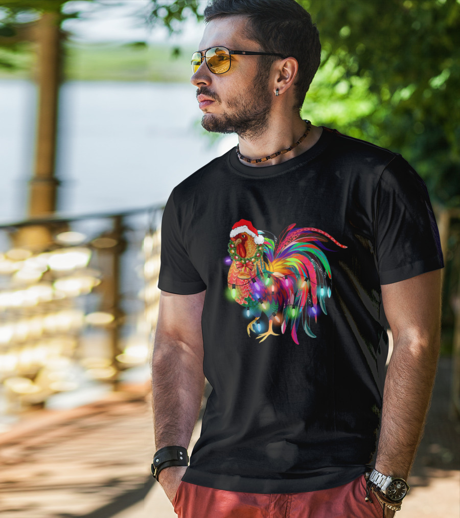 Festive Chicken With Christmas Lights And Santa Hat T-Shirt