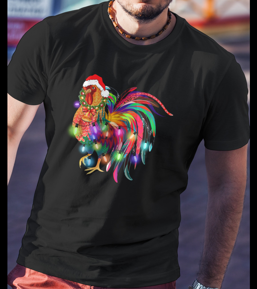 Festive Chicken With Christmas Lights And Santa Hat T-Shirt
