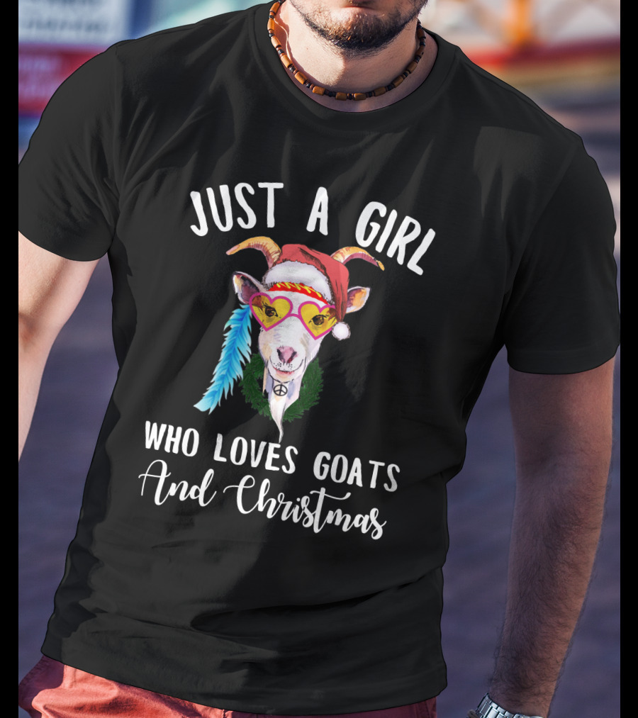 Just A Girl Who Loves Goats And Christmas With Santa Hat Peace Sign Glasses T-Shirt
