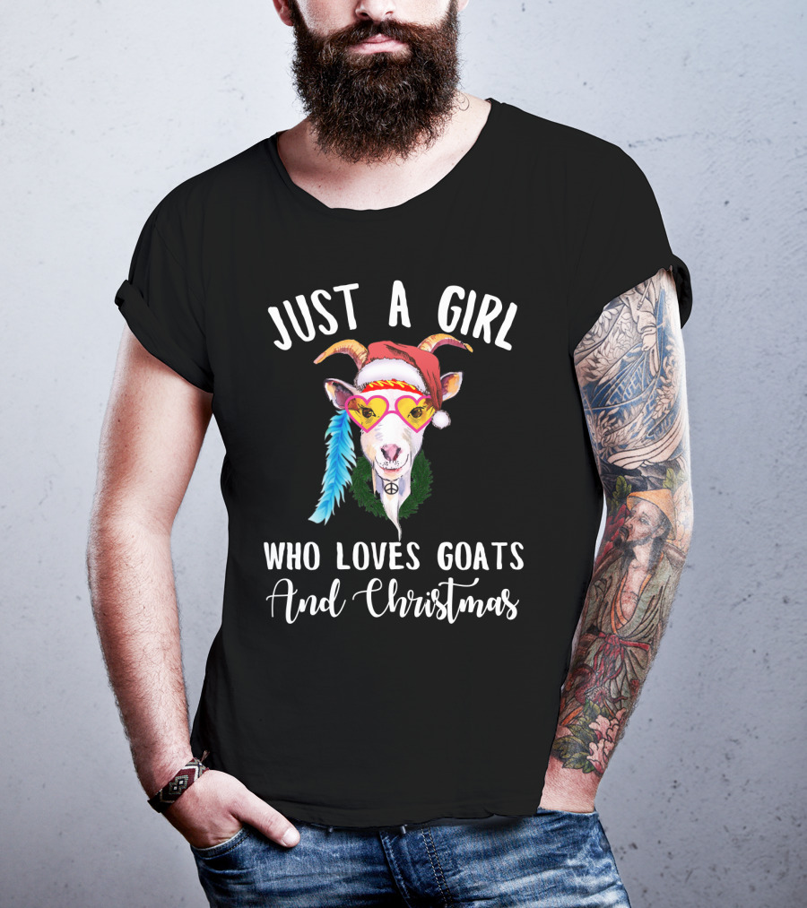 Just A Girl Who Loves Goats And Christmas With Santa Hat Peace Sign Glasses T-Shirt