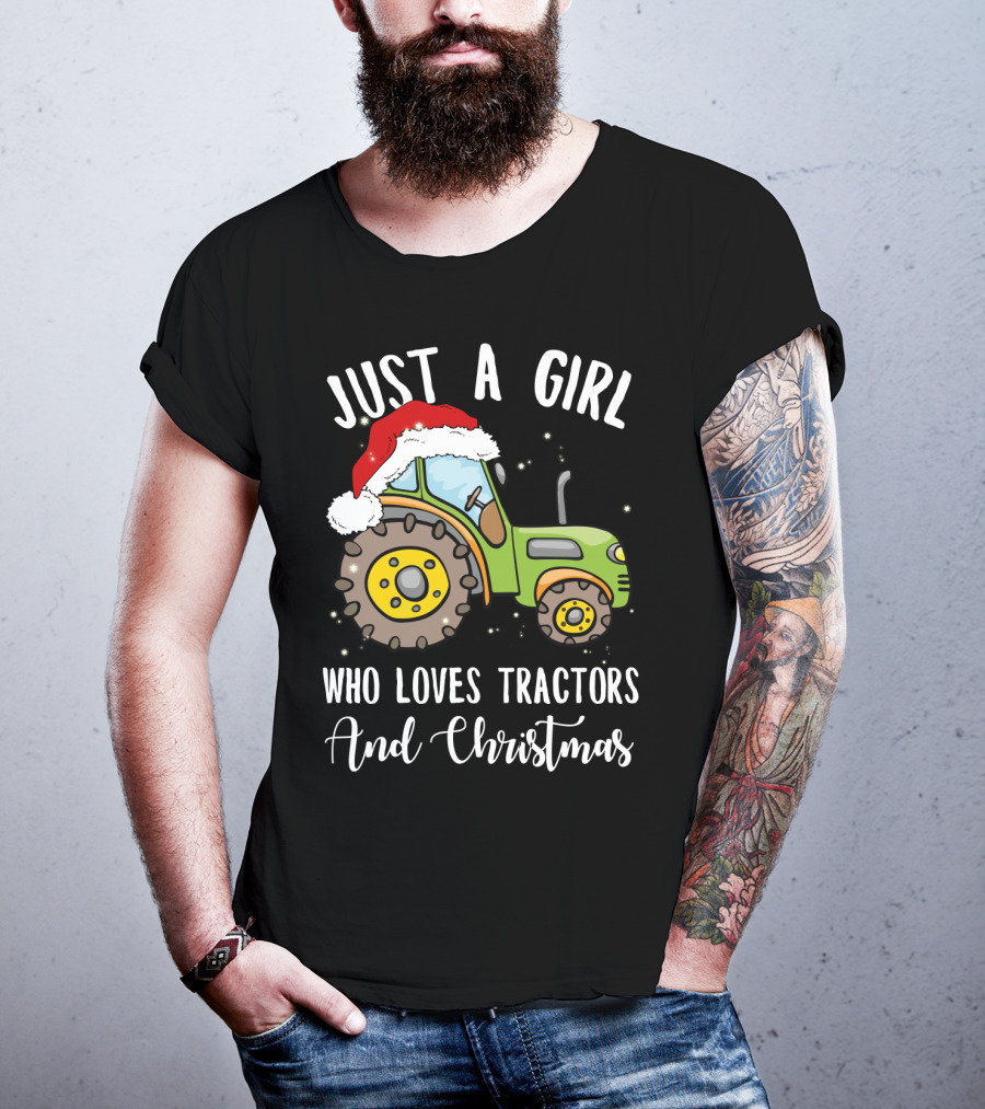Just A Girl Who Loves Tractors And Christmas With Santa Hat T-Shirt