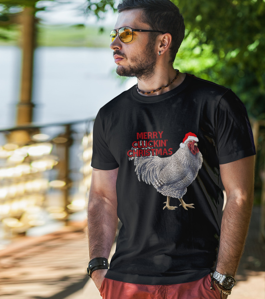 Merry Cluckin' Christmas Chicken With Santa Hat T-Shirt