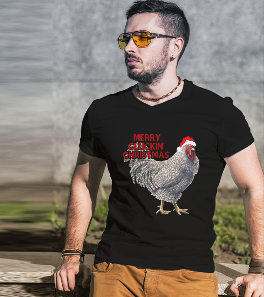 Merry Cluckin' Christmas Chicken With Santa Hat T-Shirt