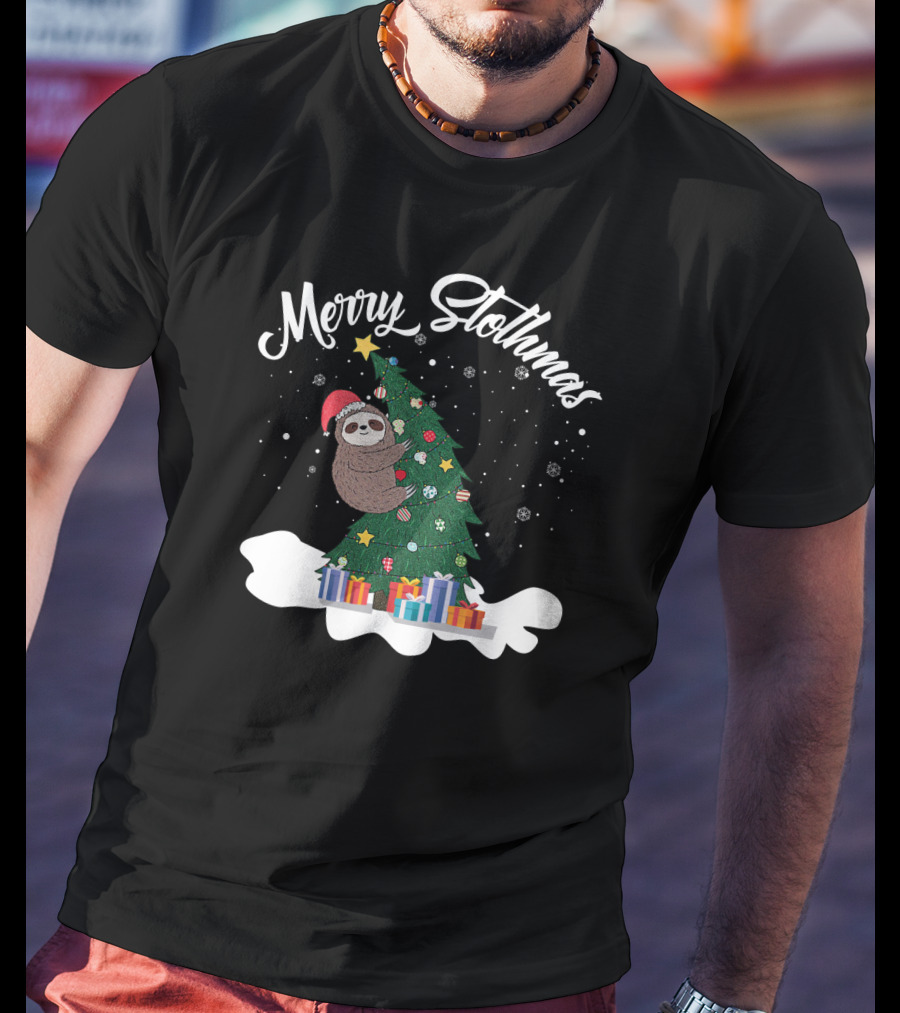 Merry Slothmas Sloth On Christmas Tree With Gifts And Snowflakes T-Shirt