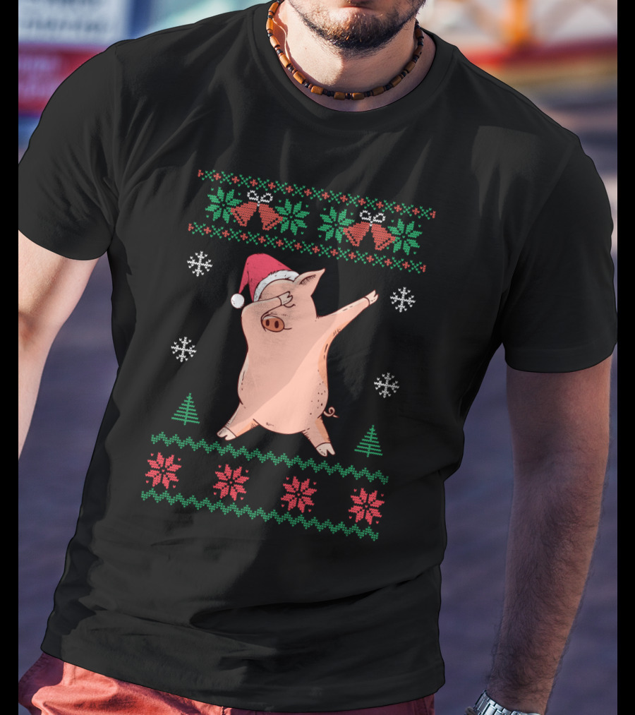 Pigs Dabbing Santa Hat Ugly Christmas Sweater Snowflake Festive T-Shirt