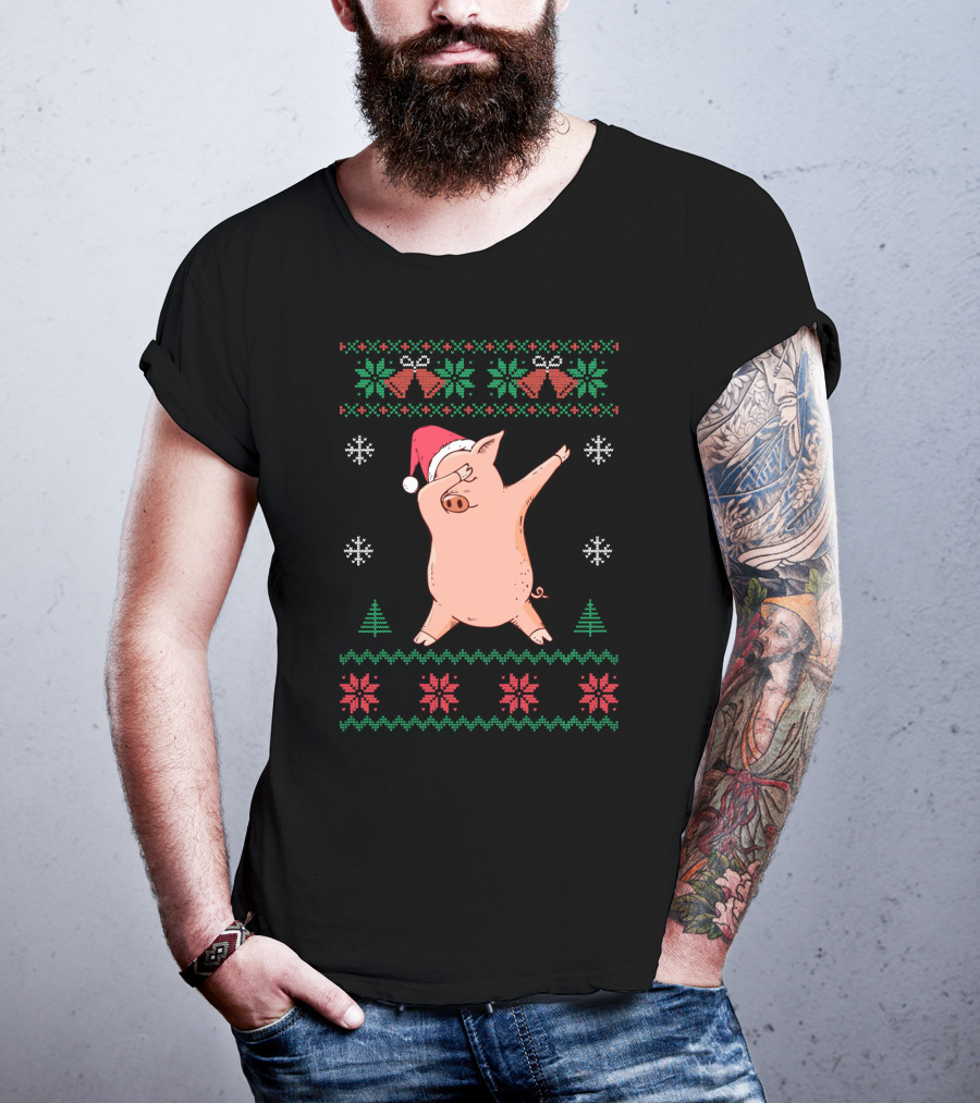 Pigs Dabbing Santa Hat Ugly Christmas Sweater Snowflake Festive T-Shirt
