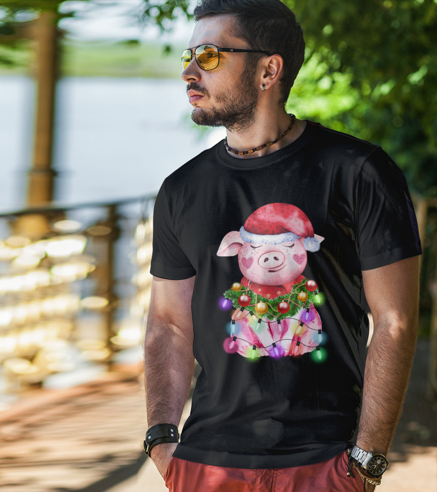 Santa Hat Heart Cheek Pink Pig Wrapped In Christmas Lights T-Shirt