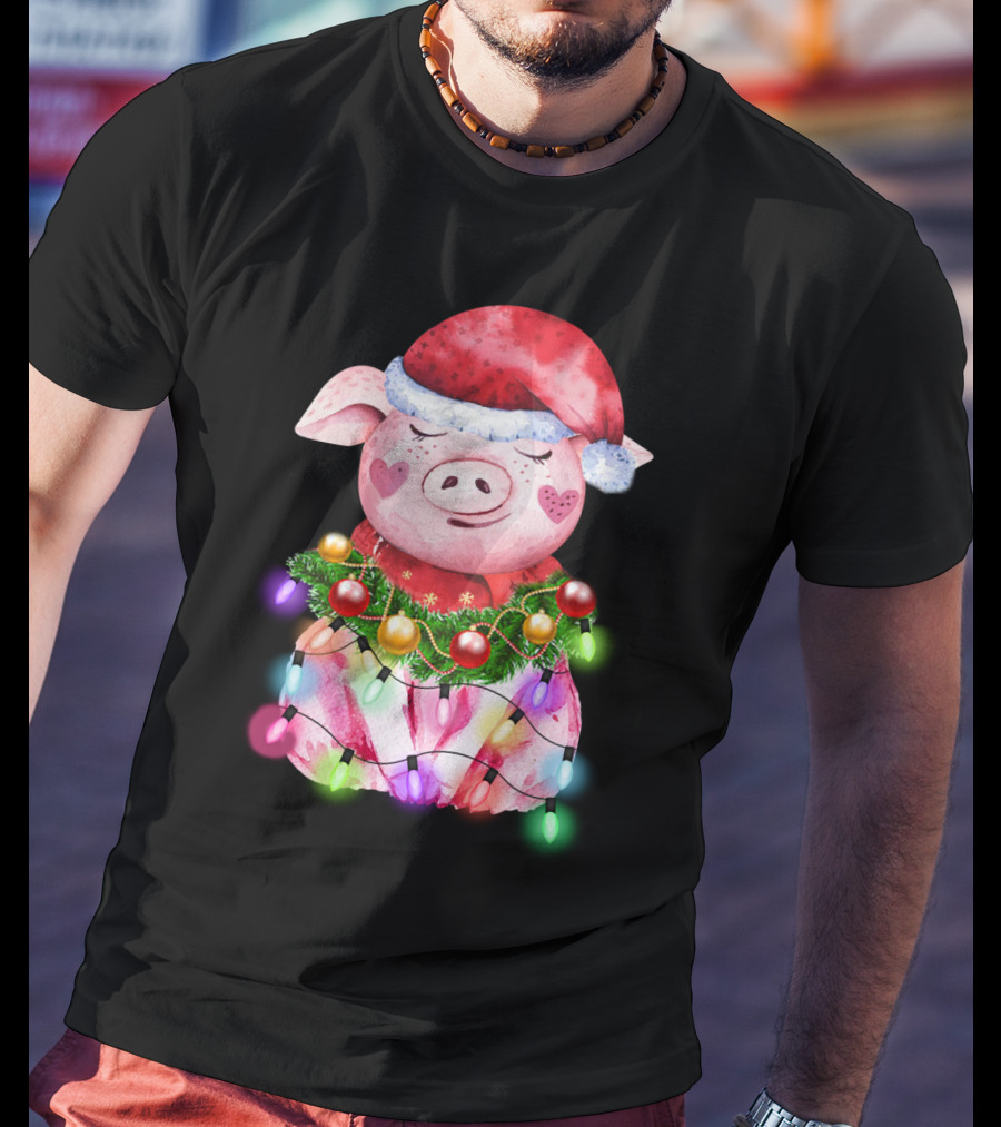 Santa Hat Heart Cheek Pink Pig Wrapped In Christmas Lights T-Shirt