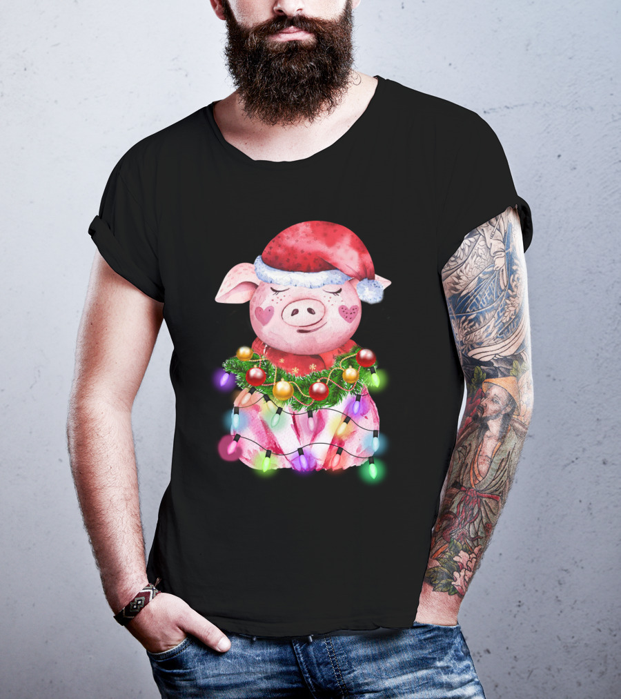 Santa Hat Heart Cheek Pink Pig Wrapped In Christmas Lights T-Shirt