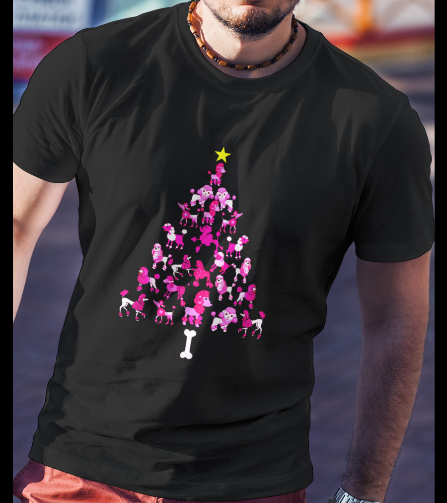 Poodles Dogs Forming Christmas Tree With Star And Bone Base T-Shirt