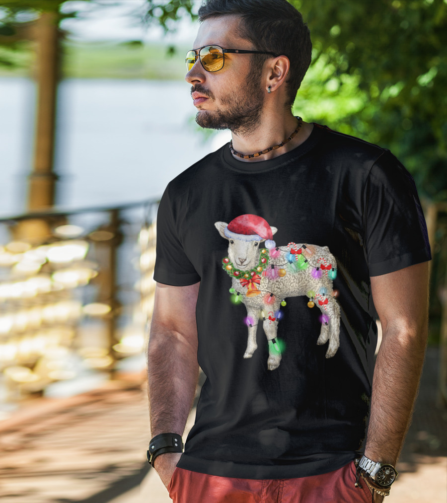 Christmas Sheep With Santa Hat And Holiday Lights T-Shirt