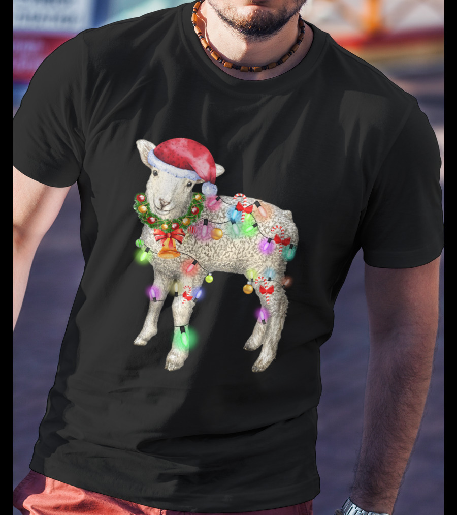 Christmas Sheep With Santa Hat And Holiday Lights T-Shirt
