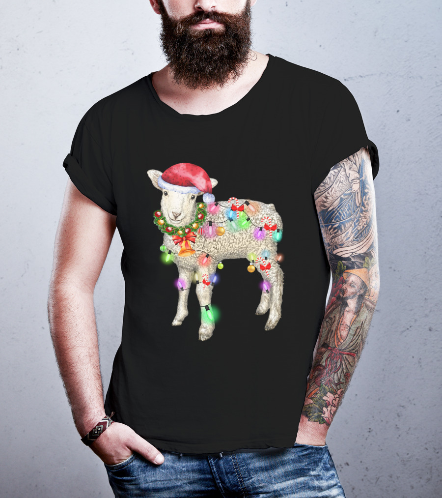 Christmas Sheep With Santa Hat And Holiday Lights T-Shirt