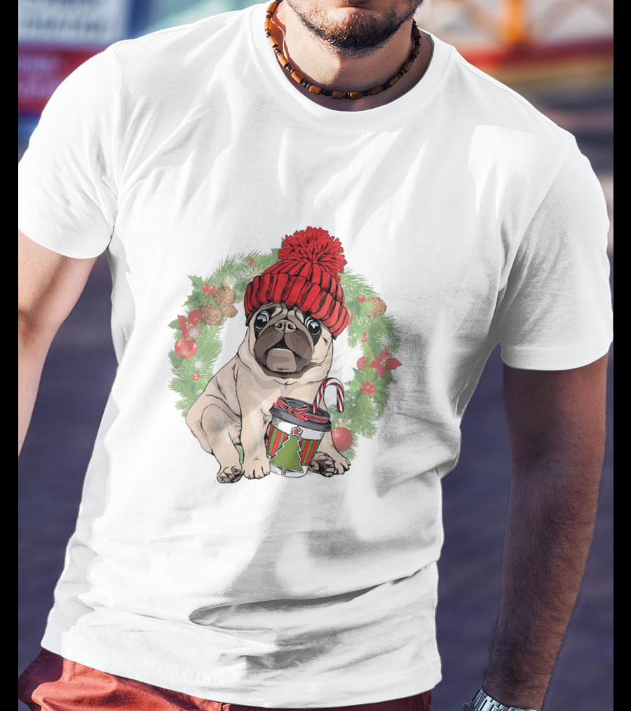 Festive Pug In Red Hat Holding Christmas Cup Surrounded By Holiday Wreath T-Shirt
