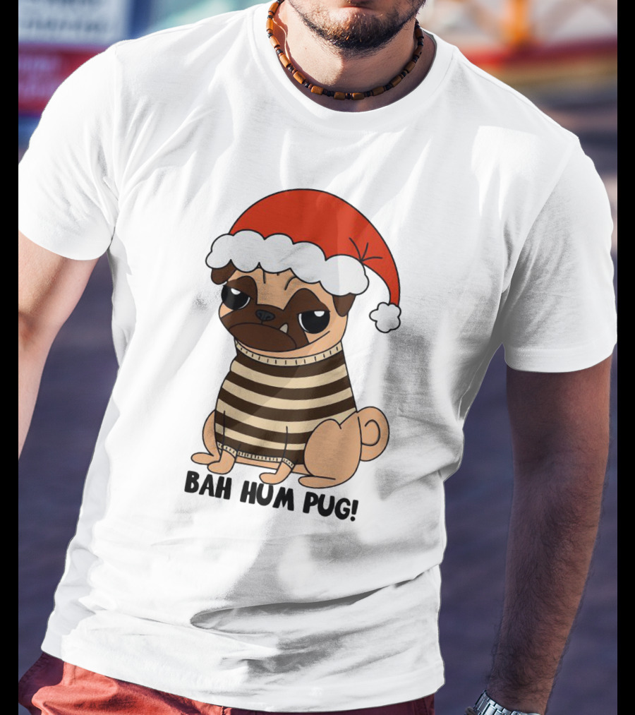 Bah Hum Pug Christmas Santa Hat Grumpy Holiday Pug Stripe T-Shirt