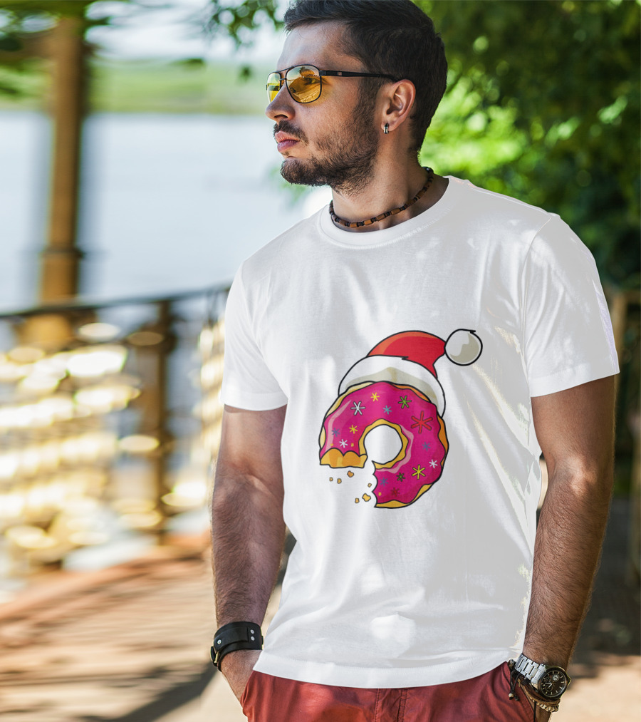 Santa Hat Candy Xmas Donut With Pink Frosting And Stars T-Shirt