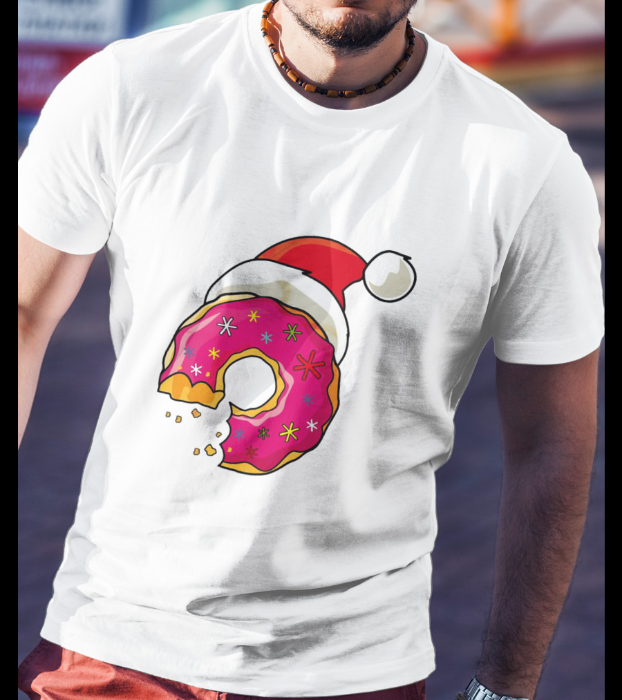 Santa Hat Candy Xmas Donut With Pink Frosting And Stars T-Shirt