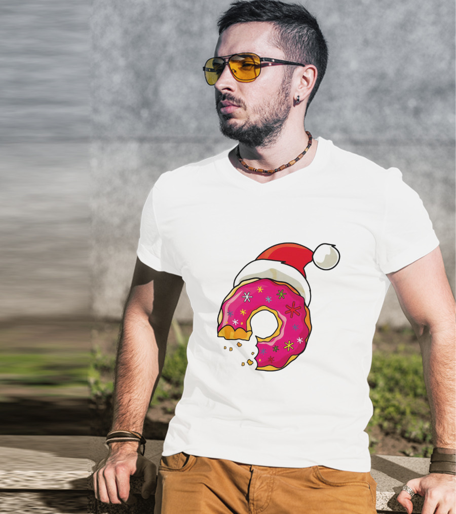 Santa Hat Candy Xmas Donut With Pink Frosting And Stars T-Shirt