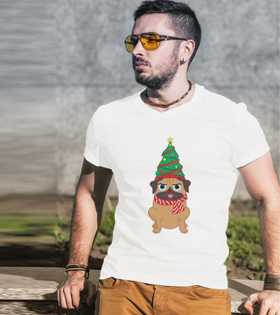Snuggly Pug With Christmas Tree Hat And Festive Scarf Holiday T-Shirt