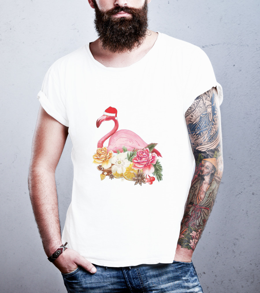 Festive Flamingo With Santa Hat And Holiday Floral Arrangement T-Shirt