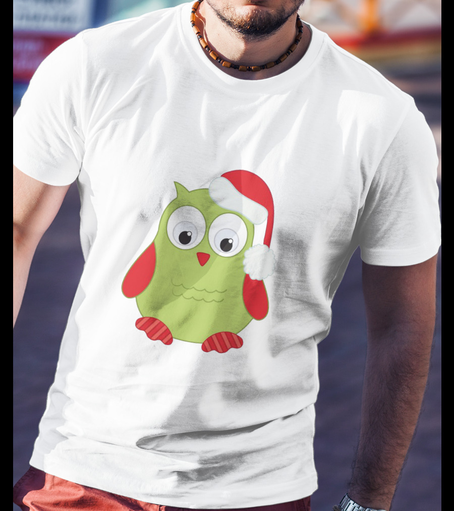 Cute Santa Owl Christmas Green And Red Cartoon Owl Santa Hat T-Shirt