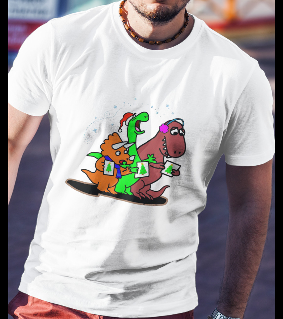 Dinosaur Trio Singing Christmas Carols With Festive Hats And Tree Cards T-Shirt