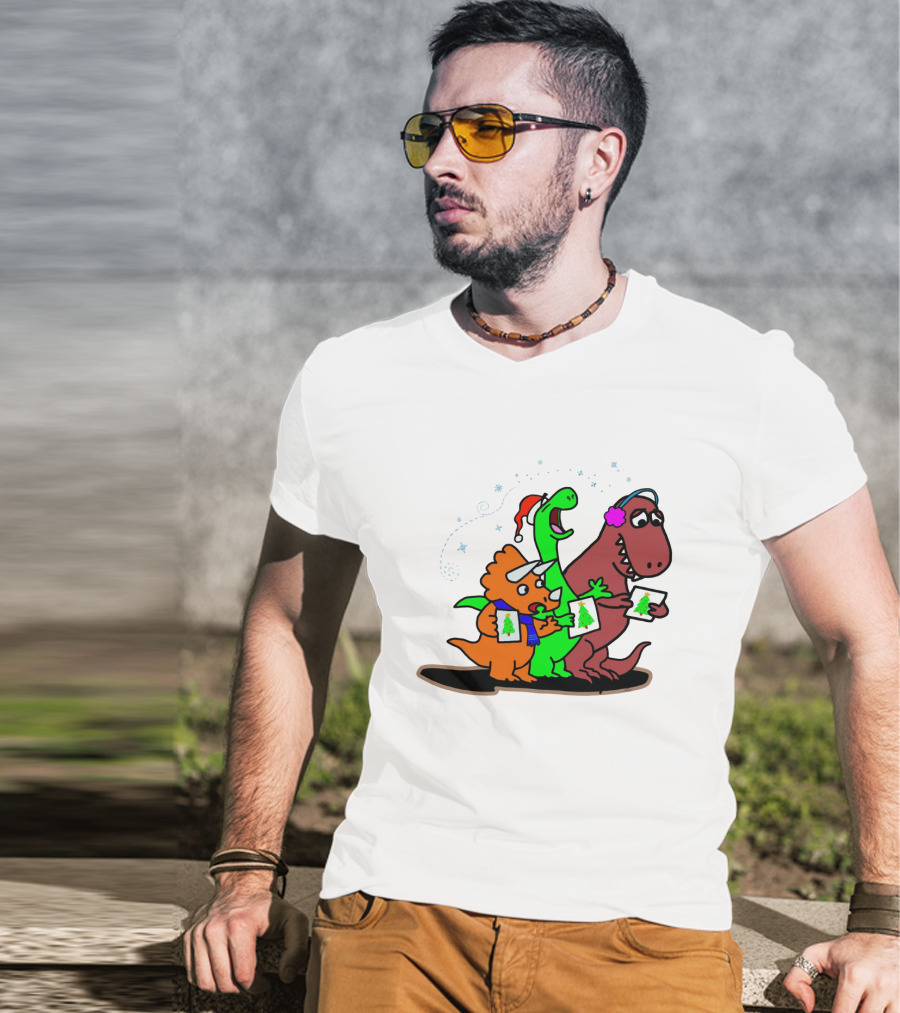 Dinosaur Trio Singing Christmas Carols With Festive Hats And Tree Cards T-Shirt