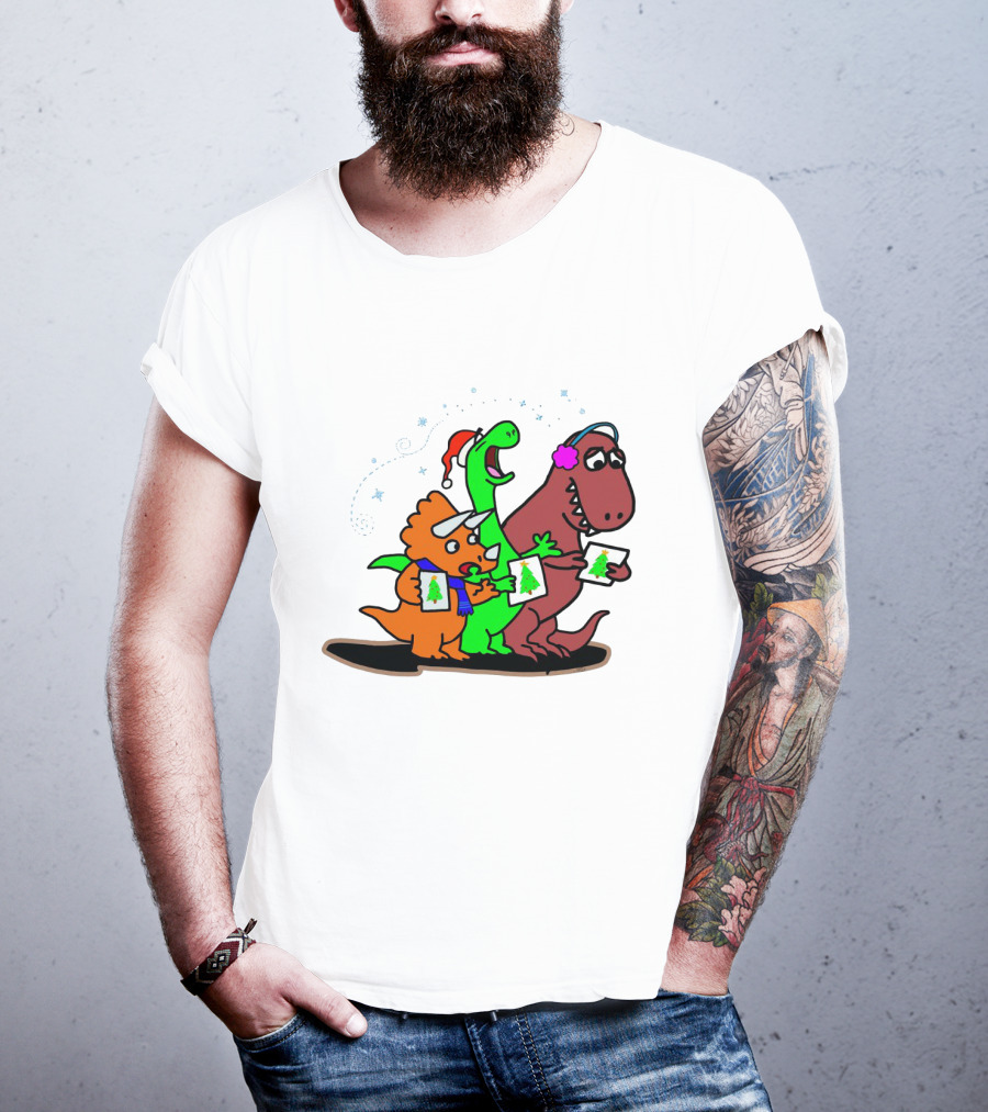Dinosaur Trio Singing Christmas Carols With Festive Hats And Tree Cards T-Shirt