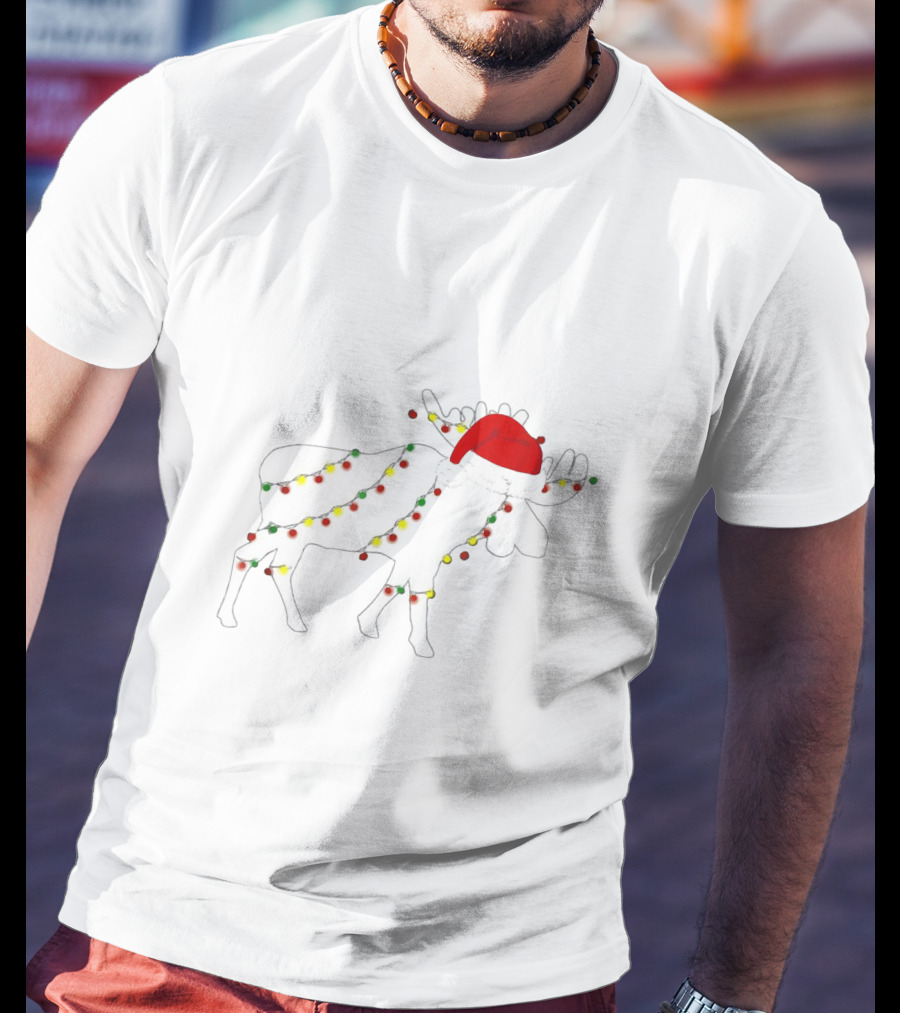 Christmas Moose Wrapped In Colorful Lights Santa Hat Family Matching Holiday T-Shirt