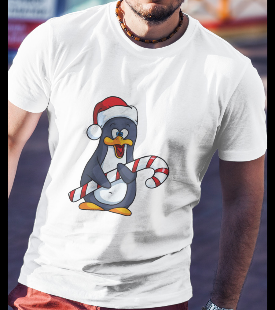 Jolly Christmas Penguin With Santa Hat And Candy Cane T-Shirt