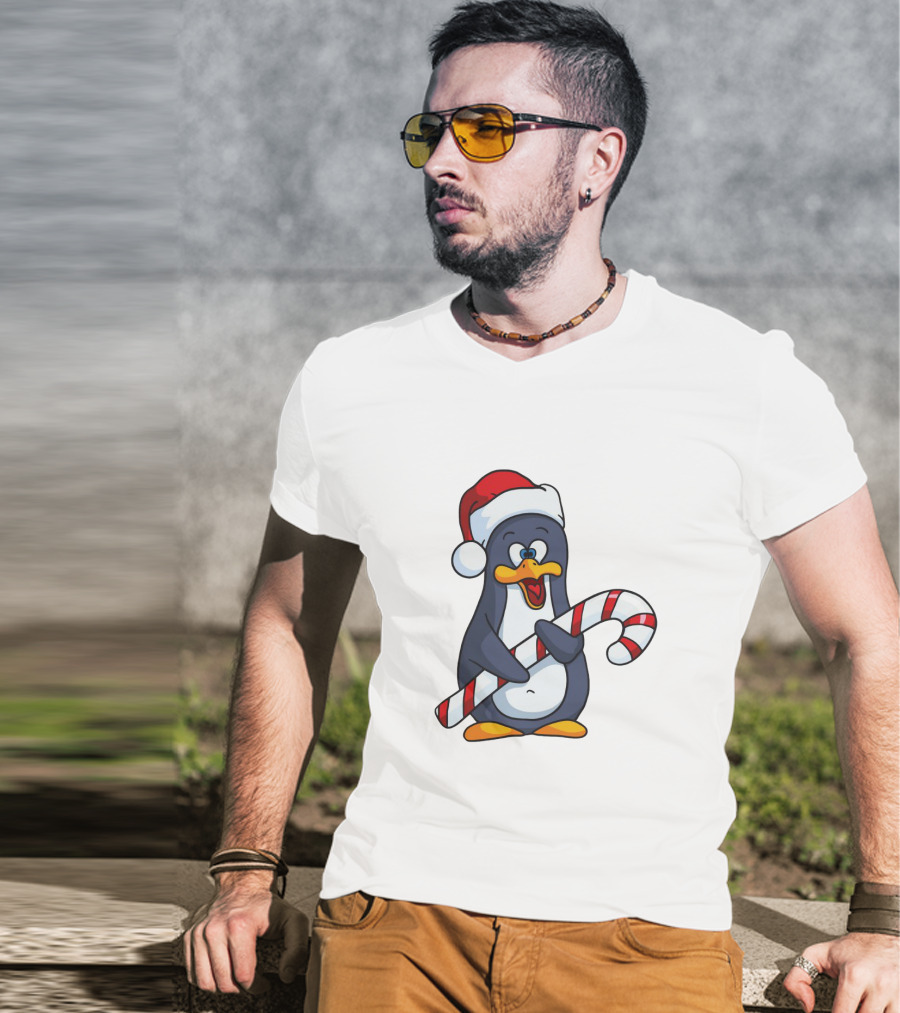 Jolly Christmas Penguin With Santa Hat And Candy Cane T-Shirt