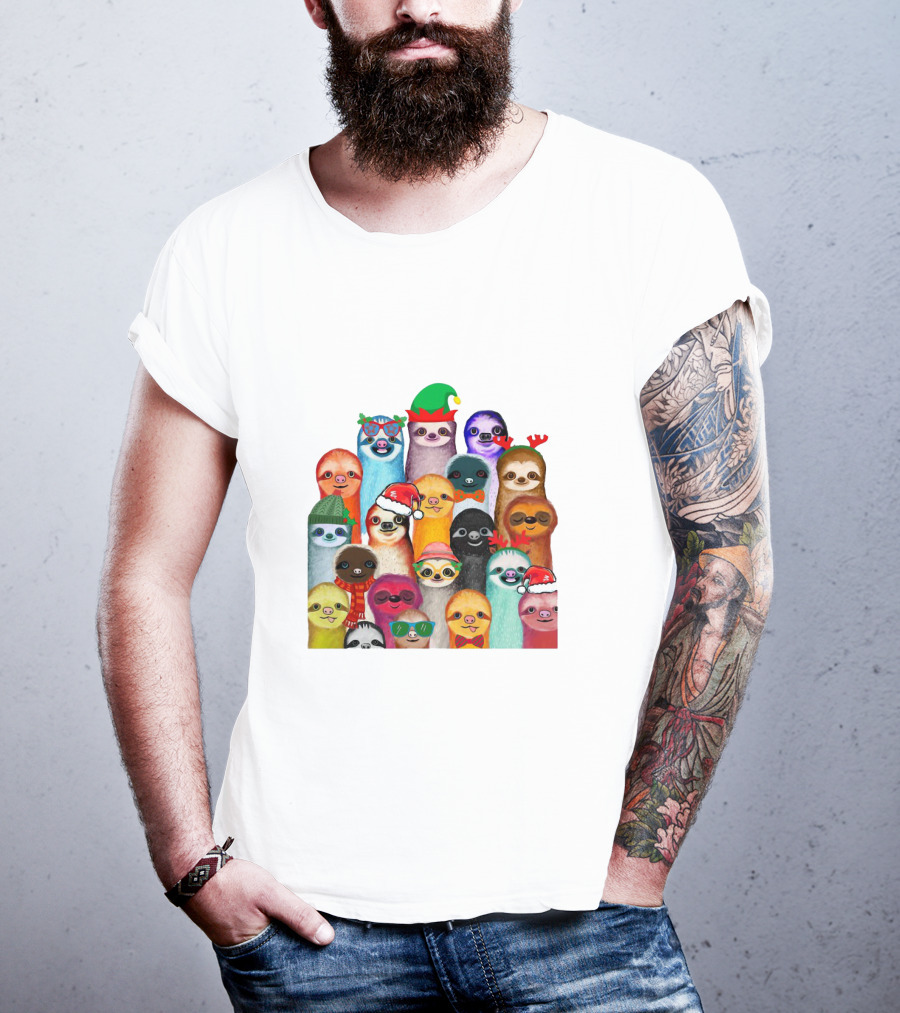 Christmas Sloths Wearing Festive Accessories And Colorful Hats T-Shirt