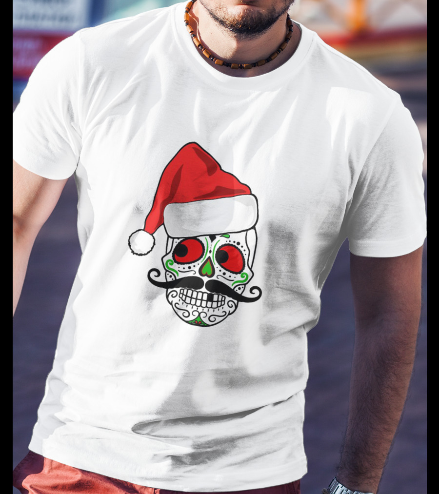 Santa Hat Festive Sugar Skull Christmas T-Shirt