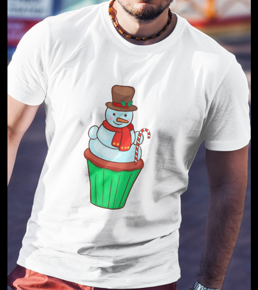 Xmas Cupcake Muffins With Snowman And Candy Cane Holiday T-Shirt