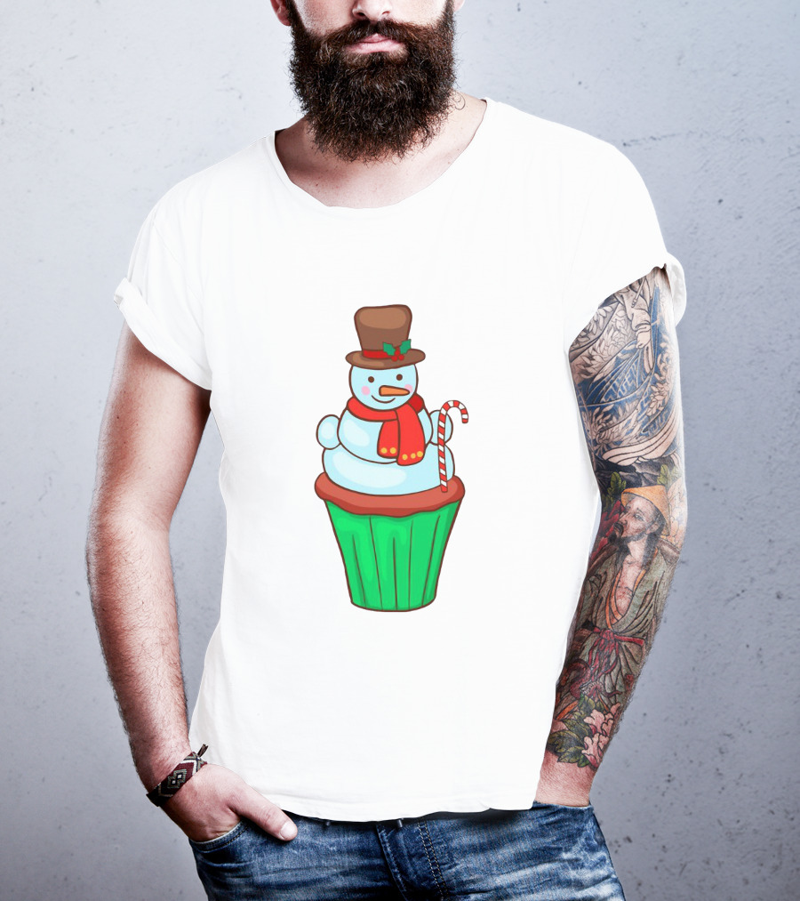 Xmas Cupcake Muffins With Snowman And Candy Cane Holiday T-Shirt