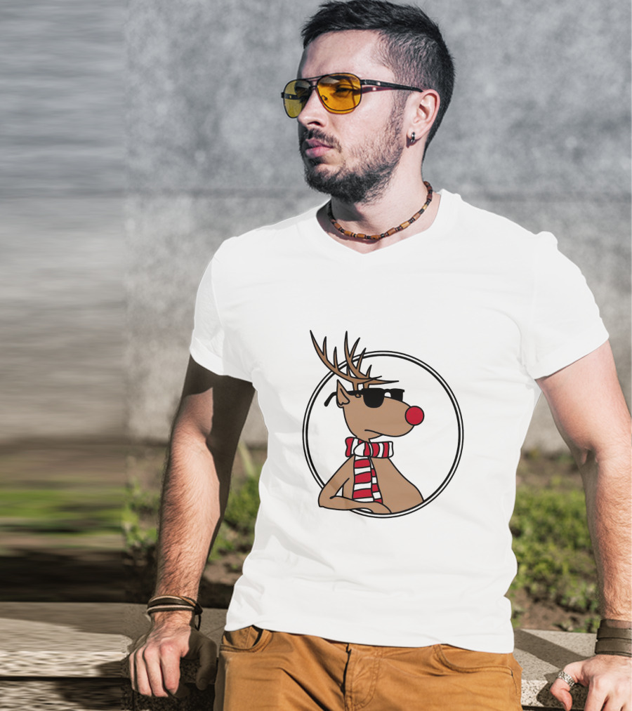 Deer Cool Reindeer In Sunglasses And Striped Scarf T-Shirt