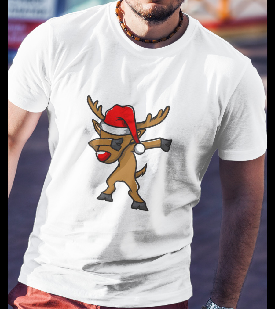 Funny Dabbing Reindeer With Santa Hat Christmas Costume T-Shirt
