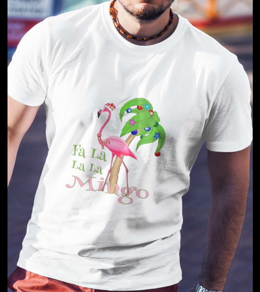 Festive Fa La La La Mingo Pink Flamingo Holiday Tropical Palm Tree T-Shirt