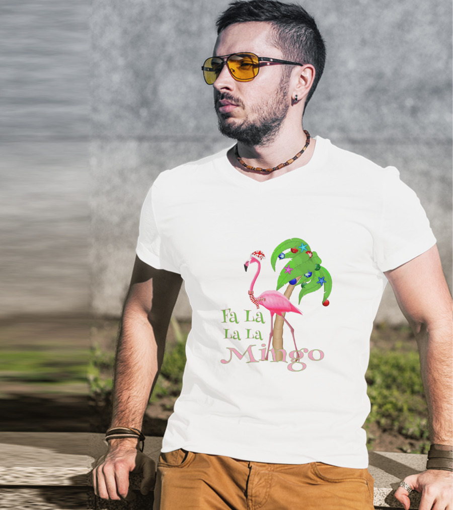 Festive Fa La La La Mingo Pink Flamingo Holiday Tropical Palm Tree T-Shirt