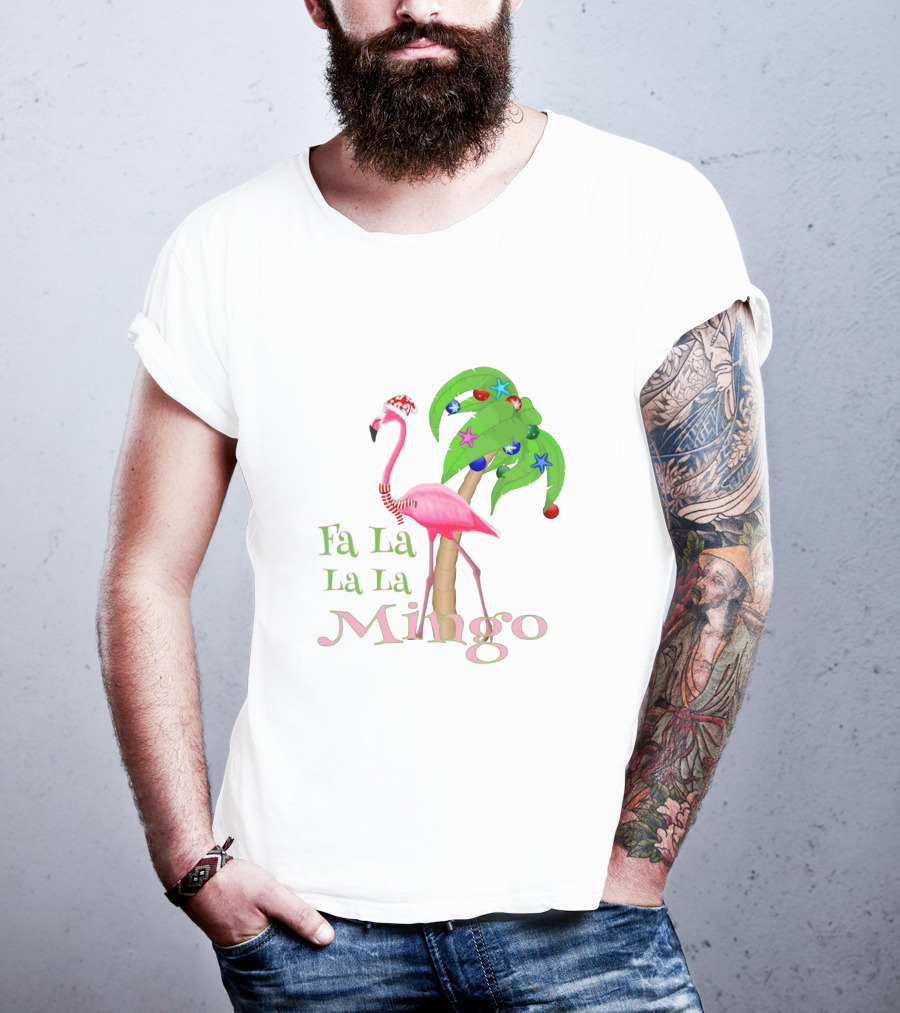 Festive Fa La La La Mingo Pink Flamingo Holiday Tropical Palm Tree T-Shirt