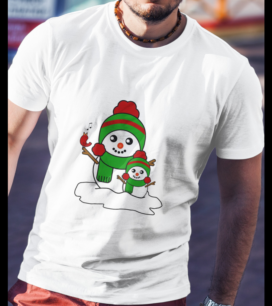 Happy Together Snowman And Singing Cardinal With Red And Green Winter Hats And Scarves T-Shirt