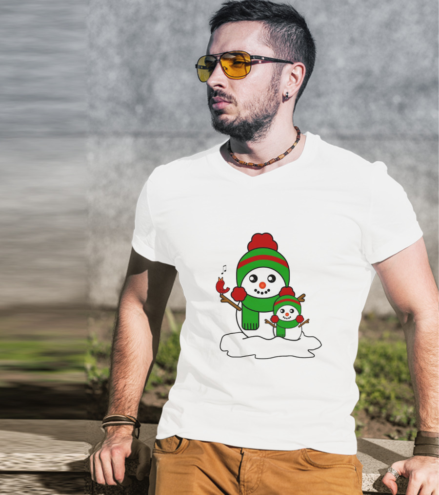 Happy Together Snowman And Singing Cardinal With Red And Green Winter Hats And Scarves T-Shirt